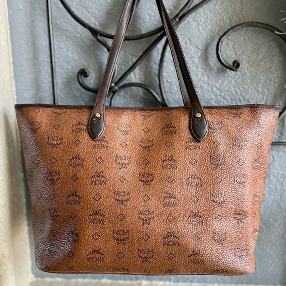 MCM Visetos Dog Bone Striped Shopper Tote Bag Cognac Brown & Blue - Picture 7 of 16